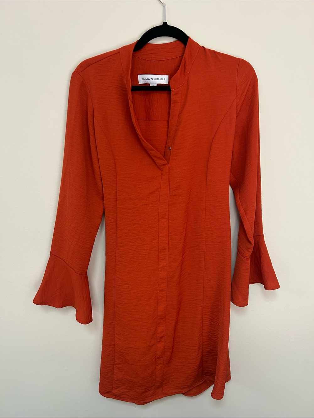 Emma & Michele Rust Orange V-Neck Midi Go-go Inspired Dress with Flared Sleeves